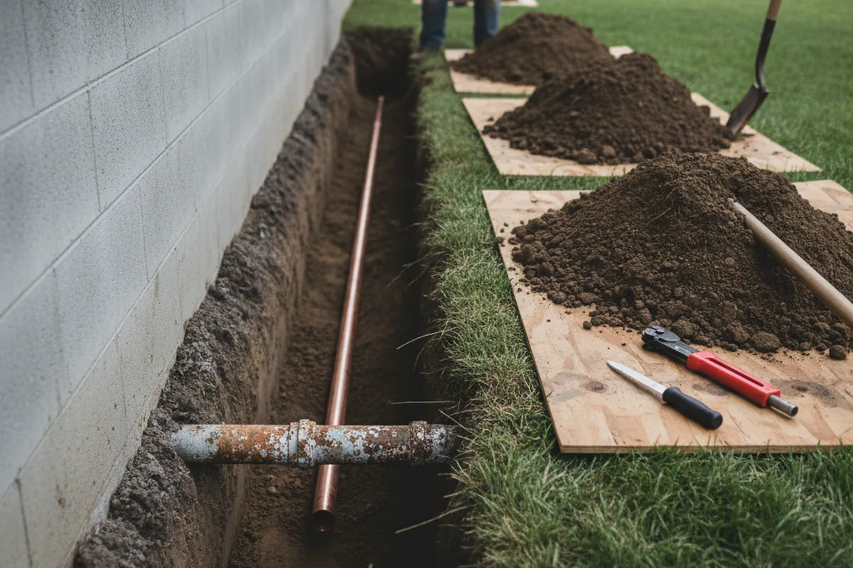 Excavated water line trench during Sewer Line Repair in Cross Anchor
